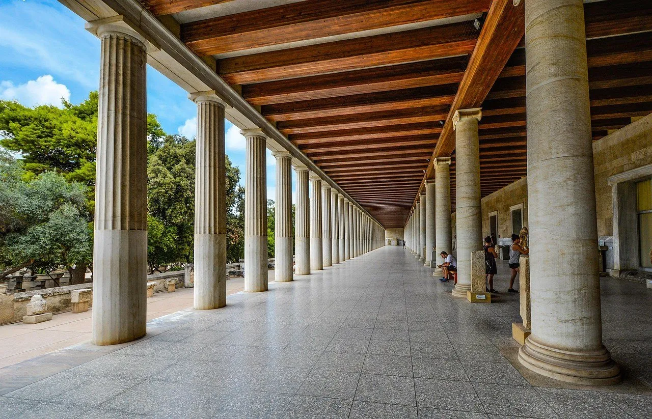 Gallery with marble columns and a wooden ceiling in the Stoa of Attalos, Ancient Agora of Athens.
