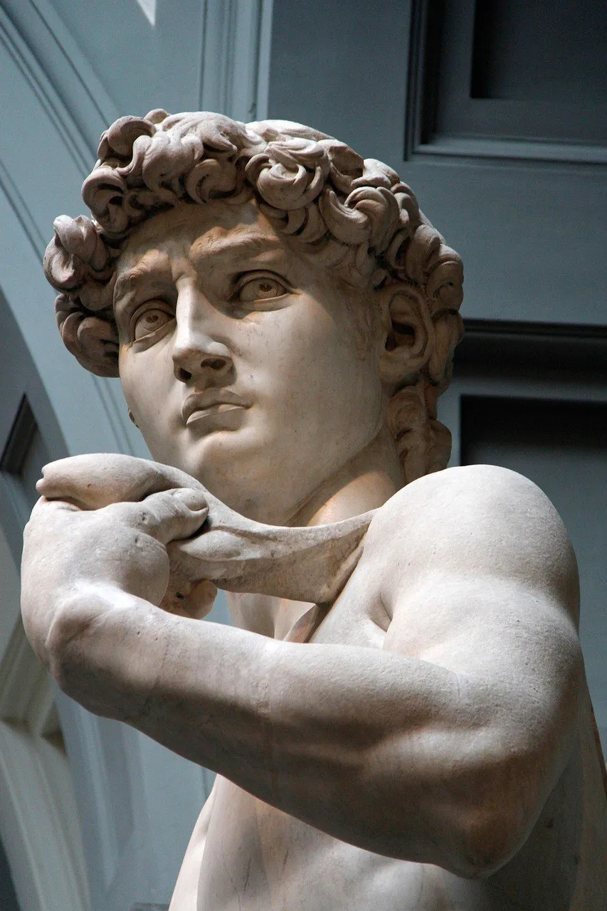 Face and arm of Michelangelo's David, with the ceiling of the Galleria dell’Accademia behind.