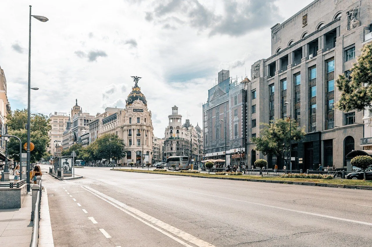 Metropolis Building and the start of the Gran Vía seen from Calle de Alcalá, with facades and sidewalk.