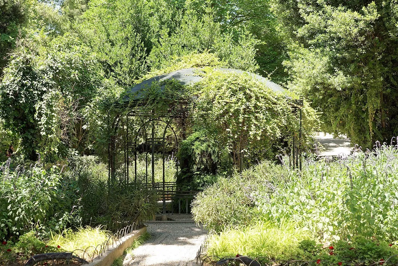 Metal gazebo covered in plants, surrounded by greenery and paths in the National Garden of Athens.