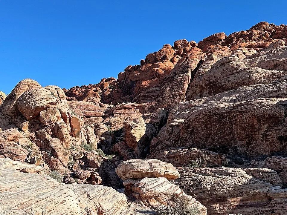 Pale and reddish sandstone formations in the Calico Hills at Red Rock Canyon under a blue sky.