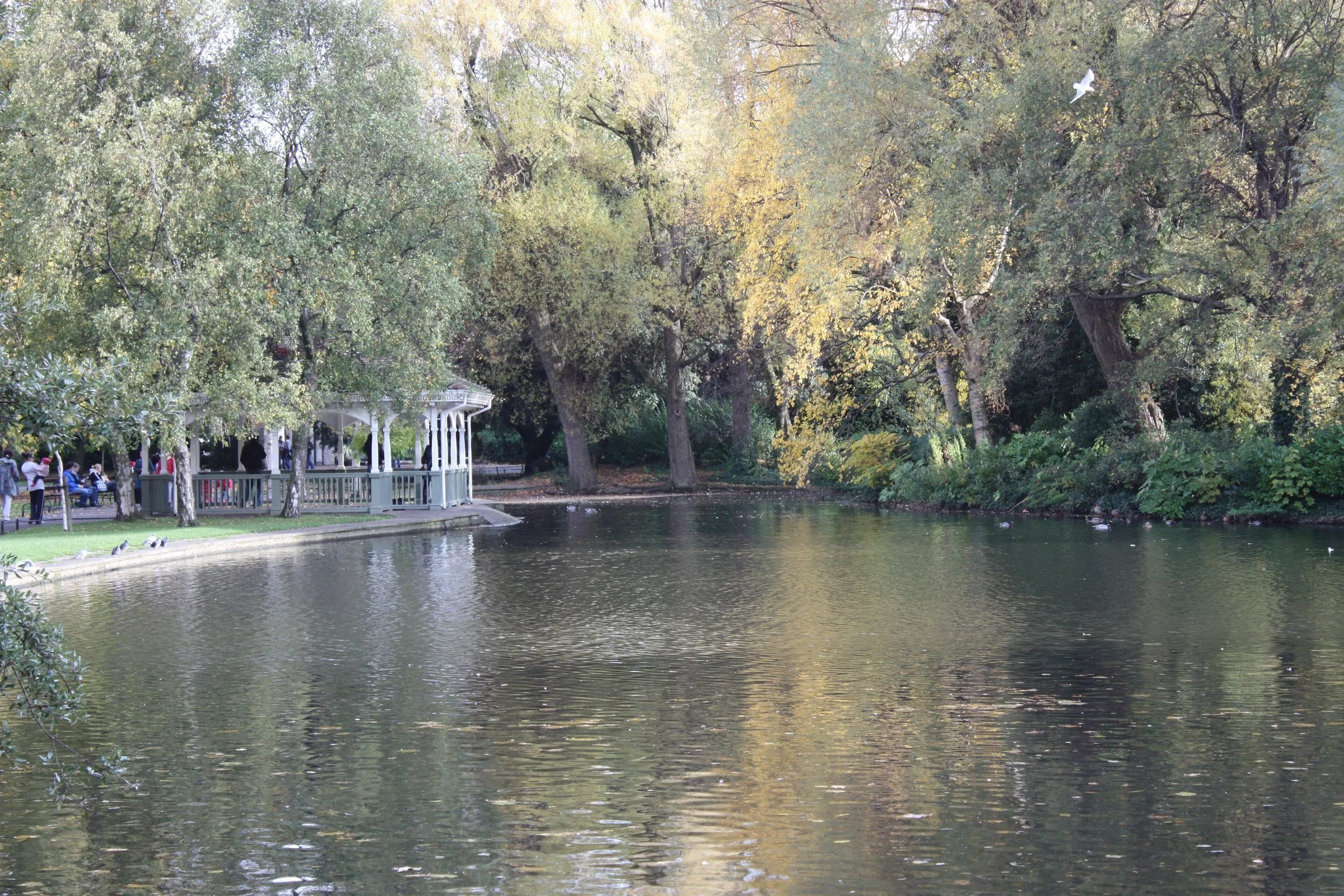 Lago de St Stephen’s Green con árboles de otoño, aves en el agua y pabellón blanco a la izquierda.